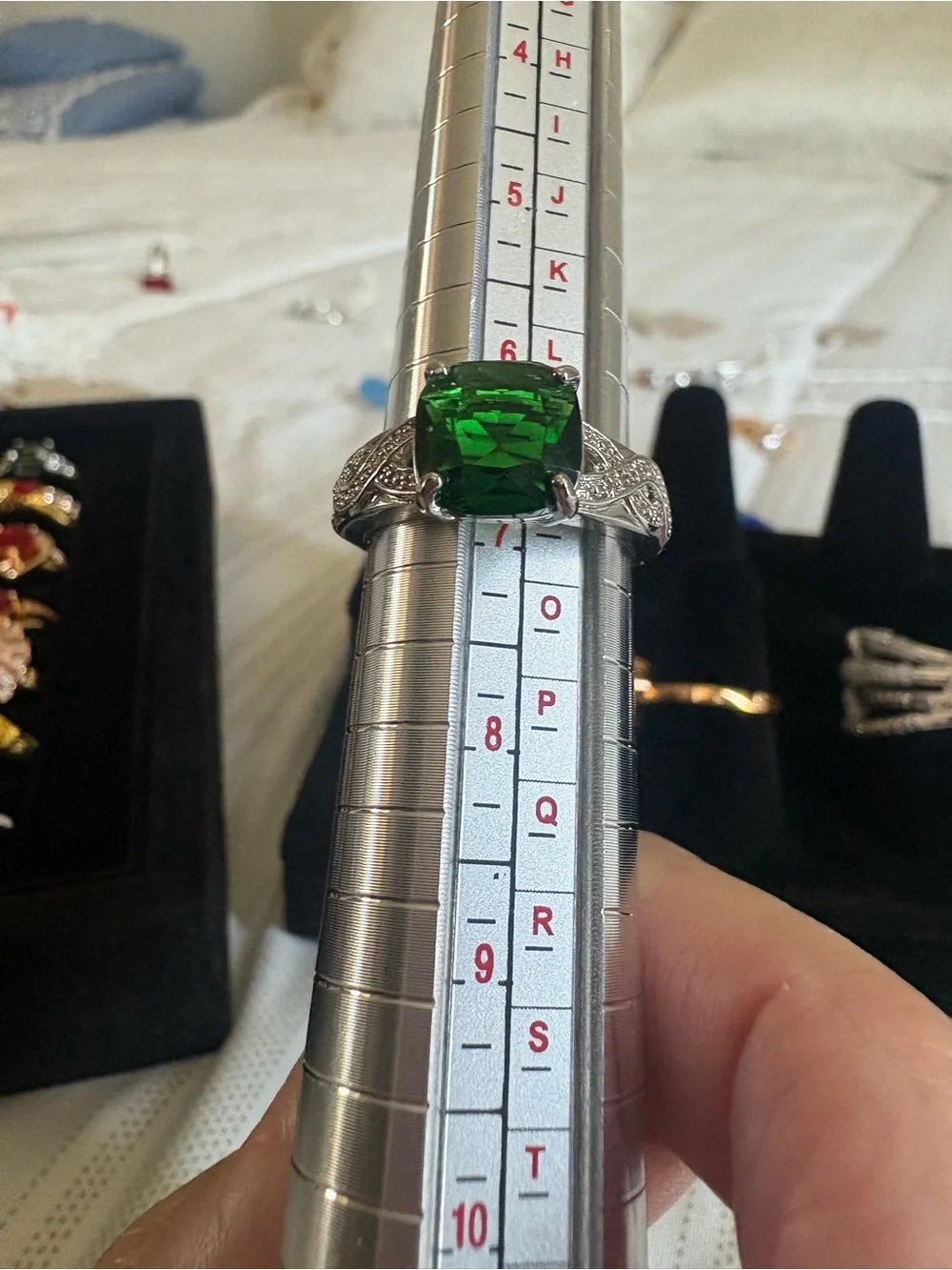 Green Cushion-Cut Statement Ring with Clear Accents